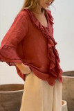 Solid Color V-Neck Flying Sleeve Ruffle Edge Shirt