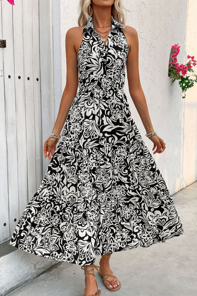 Hanging Neck Sleeveless Lapel High Waisted Dress