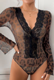Leopard Print Sexy Mesh Trumpet Sleeve Jumpsuit