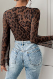 Leopard Print Sexy Mesh Trumpet Sleeve Jumpsuit