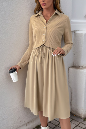 Solid Color Lapel Long Sleeved Fake Two-Piece Dress