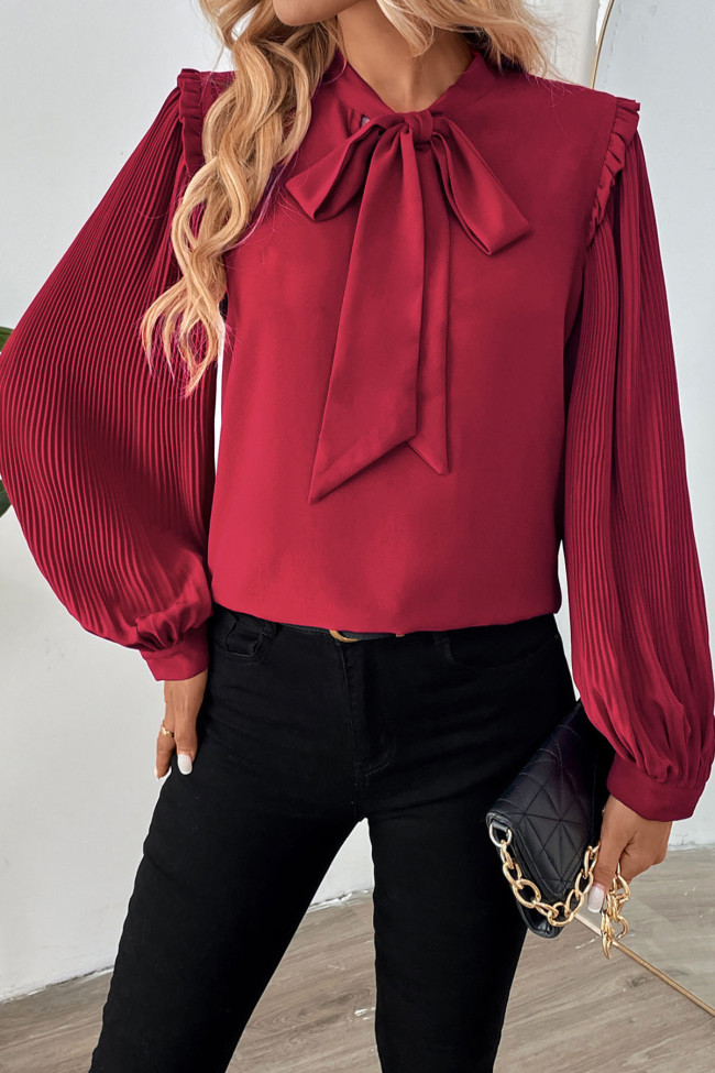 Pleated Long Sleeved Bow Collar Shirt
