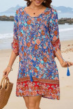 V-Neck Printed Slit Tassel Dress