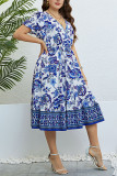 Blue And White Porcelain Printed V-Neck Dress