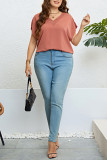 Summer Brick Red V-Neck Loose Shirt
