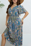 Ethnic Style Printed V-Neck Waist Cinched Dress