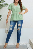 Summer V-Neck Light Green Waist Cinched Shirt