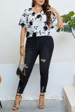 Large Size Printed V-Neck Loose Shirt
