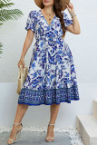 Blue And White Porcelain Printed V-Neck Dress