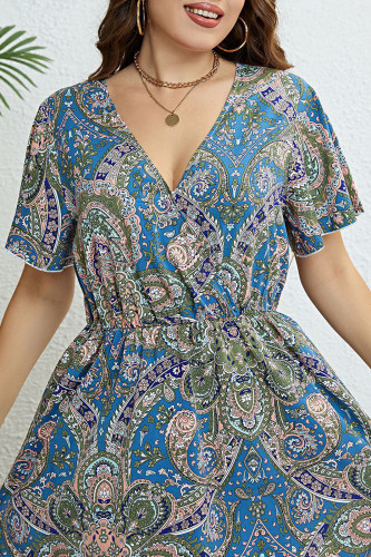 Ethnic Style Printed V-Neck Waist Cinched Dress