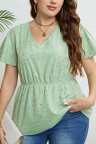 Summer V-Neck Light Green Waist Cinched Shirt