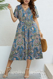 Ethnic Style Printed V-Neck Waist Cinched Dress