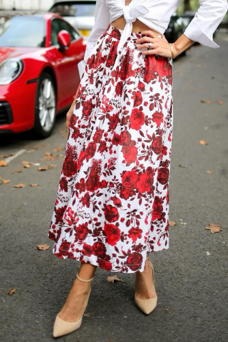 Rose Print Temperament A Hem Skirt