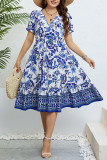 Blue And White Porcelain Printed V-Neck Dress