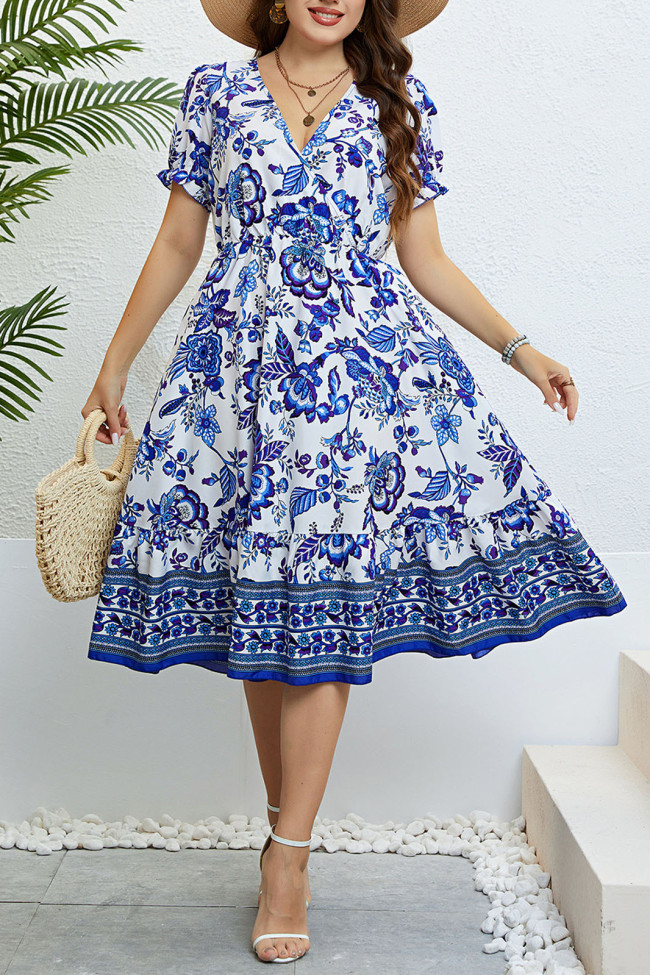 Blue And White Porcelain Printed V-Neck Dress