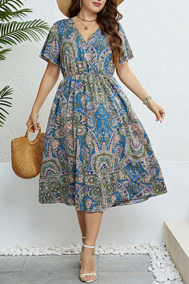 Ethnic Style Printed V-Neck Waist Cinched Dress