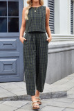 Printed Plaid Loose Sleeveless Pants Two-Piece Set