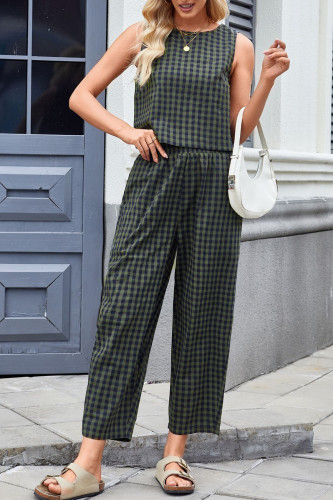 Printed Plaid Loose Sleeveless Pants Two-Piece Set