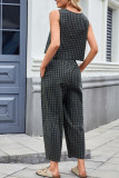 Printed Plaid Loose Sleeveless Pants Two-Piece Set