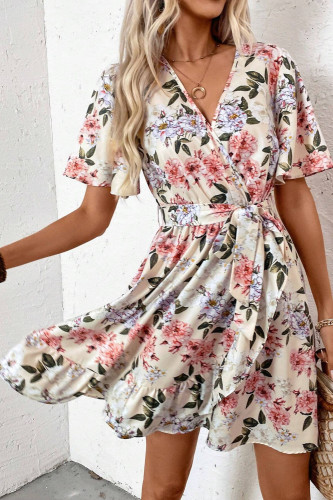 Flower Print V-Neck Ruffle Sleeve Dress