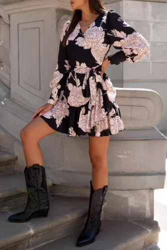 V-Neck Long Sleeved Ruffle Edge Dress