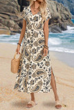 Printed V-Neck Short Sleeved Side Slit Dress