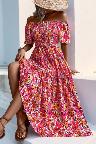 One Shoulder Slit Printed Short Sleeve Dress