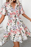 Flower Print V-Neck Ruffle Sleeve Dress