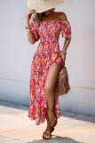 One Shoulder Slit Printed Short Sleeve Dress