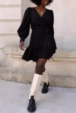 V-Neck Long Sleeved Ruffle Edge Dress