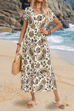 Printed V-Neck Short Sleeved Side Slit Dress