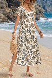 Printed V-Neck Short Sleeved Side Slit Dress