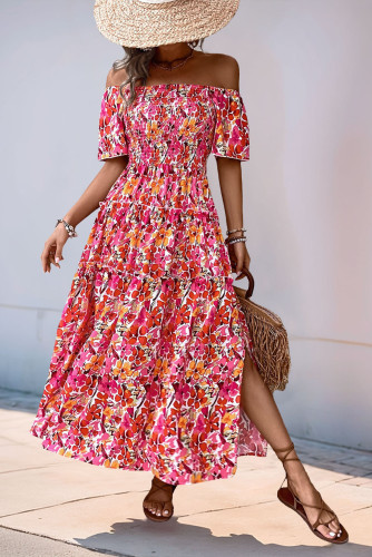 One Shoulder Slit Printed Short Sleeve Dress