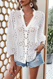 Button White Hollowed Out Long Sleeve Shirt