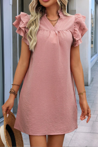 Stand Up Collar Solid Color Ruffle Edge Dress