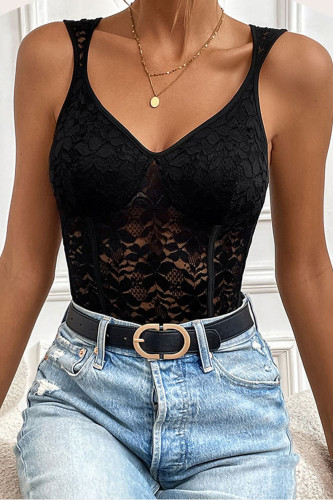 Lace Sleeveless Solid Color Suspender Jumpsuit