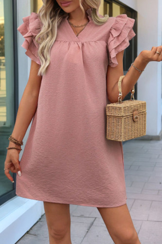 Stand Up Collar Solid Color Ruffle Edge Dress