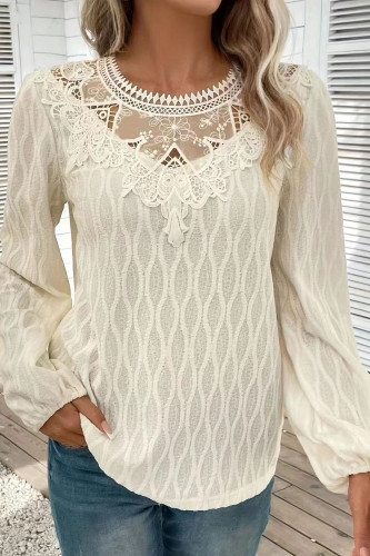 Solid Color Round Neck Lace Long Sleeved T-Shirt