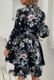 Black Vintage Long Sleeved Printed Dress