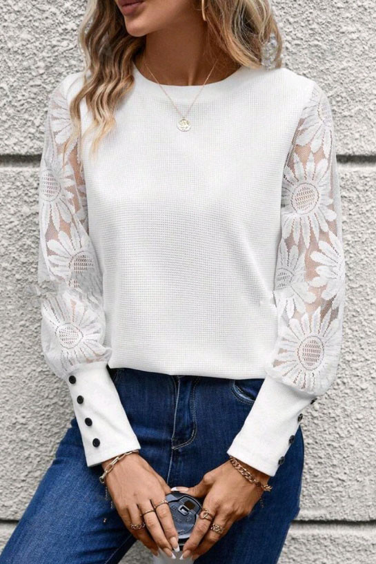 Lace Waffle Button Long Sleeved Sweater