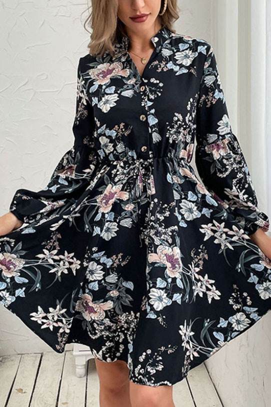 Black Vintage Long Sleeved Printed Dress
