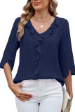 V-Neck Pleated Ruffled Chiffon Shirt