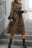Lapel Long Sleeved Leopard Print Dress