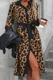 Lapel Long Sleeved Leopard Print Dress
