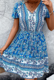 V-Neck Ethnic Style Short Sleeve Floral Dress