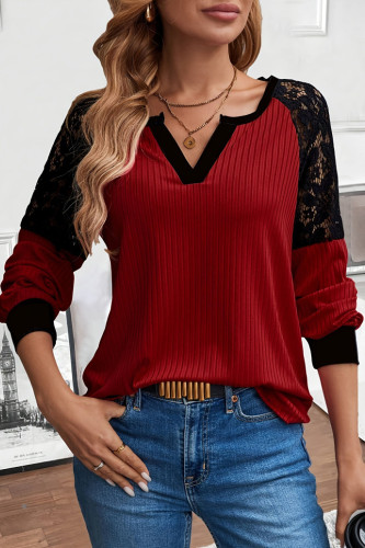 Lace Patchwork Long Sleeved V-Neck T-Shirt