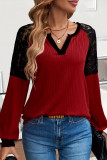 Lace Patchwork Long Sleeved V-Neck T-Shirt
