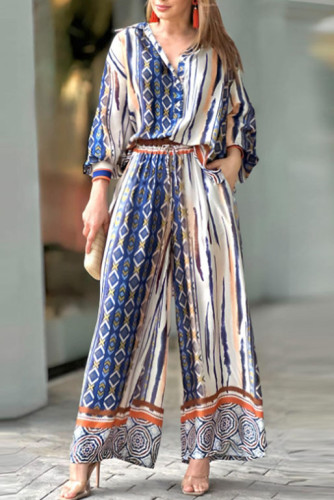 Long Sleeved Shirt Straight Leg Pants Two-Piece Set