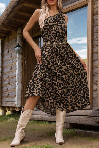Summer Leopard Print Sloping Shoulder Dress
