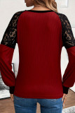 Lace Patchwork Long Sleeved V-Neck T-Shirt